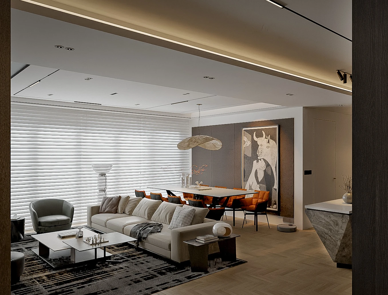 3D Model Free Download SketchUp Modern Living Room - Dining Room Vray ID 218000165 (Nhut Nam)