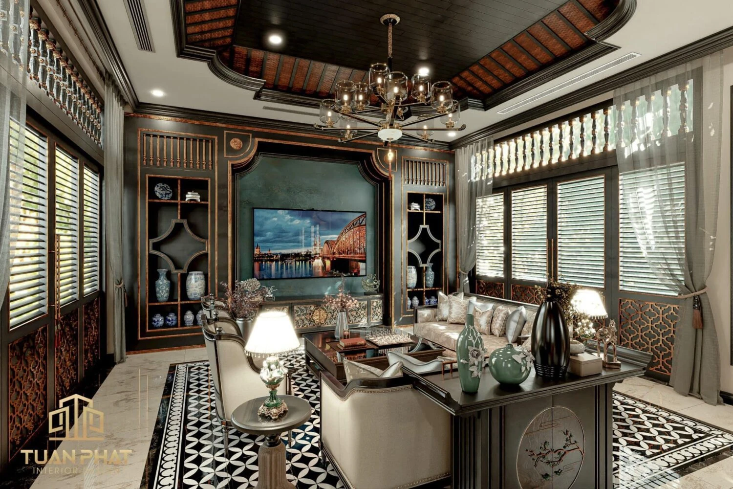 Free SketchUp Models Enscape Indochine Living Room - Dining Room Download ID 218000192 (Dung Nguyen)