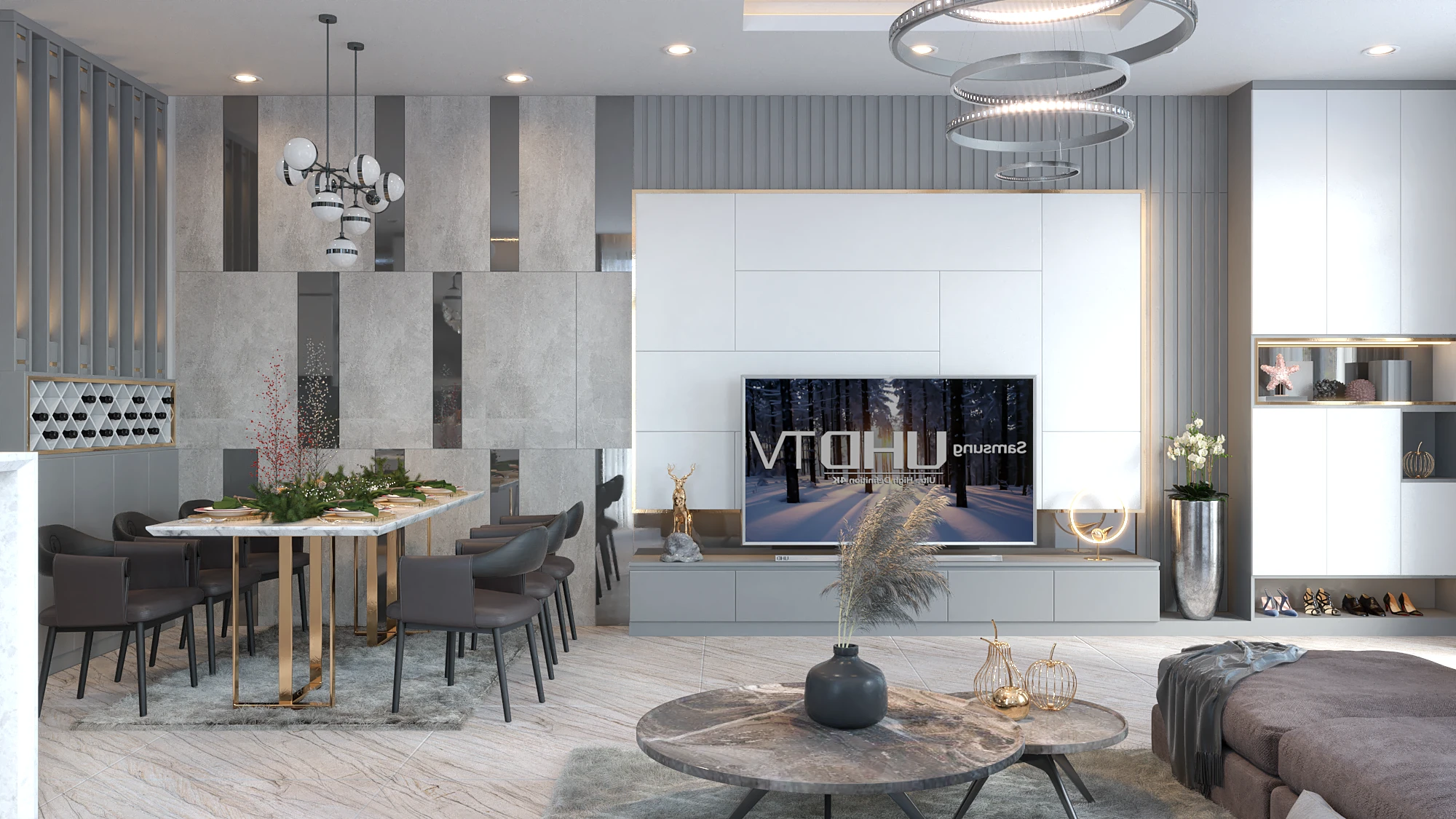 Living Room And Dining Room Sketchup Scene Free Download Vray Modern ID 218000059 (Dinh Bao)