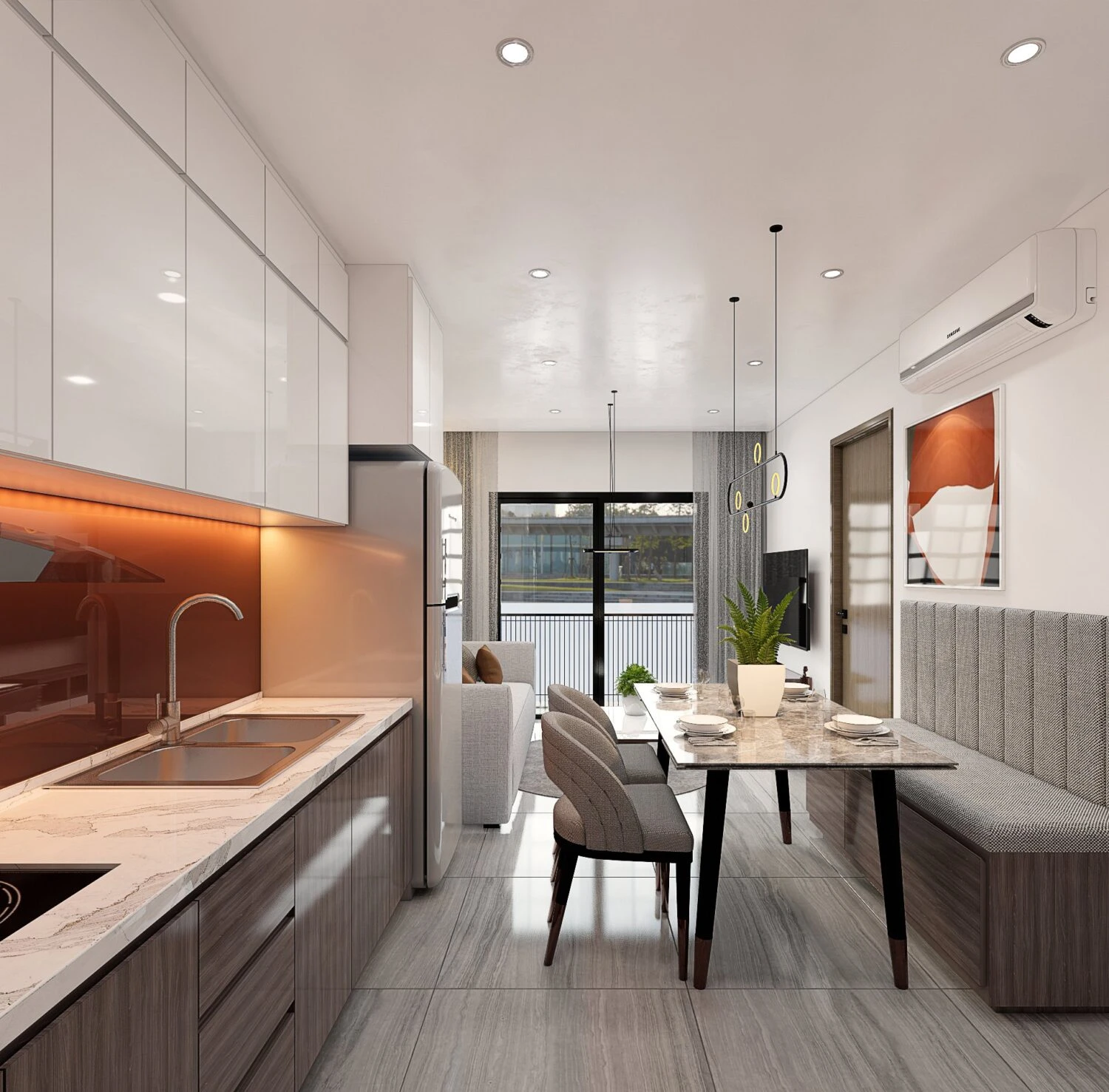 Living Room - Dining Room 3D Model Free Download SketchUp Enscape Modern ID 218000145 (Tran Huy)