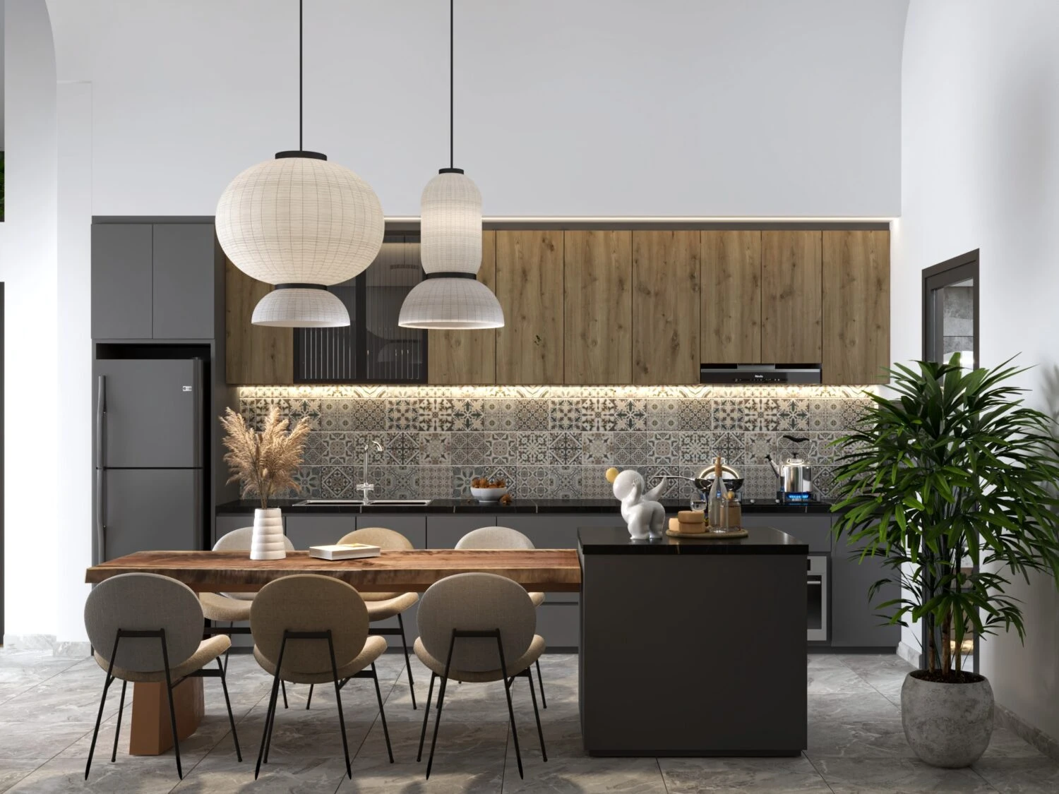 SketchUp Free Living Room - Dining Room 3D Model Free Download SketchUp Vray Modern ID 218000175 (Cao Ba Trinh)