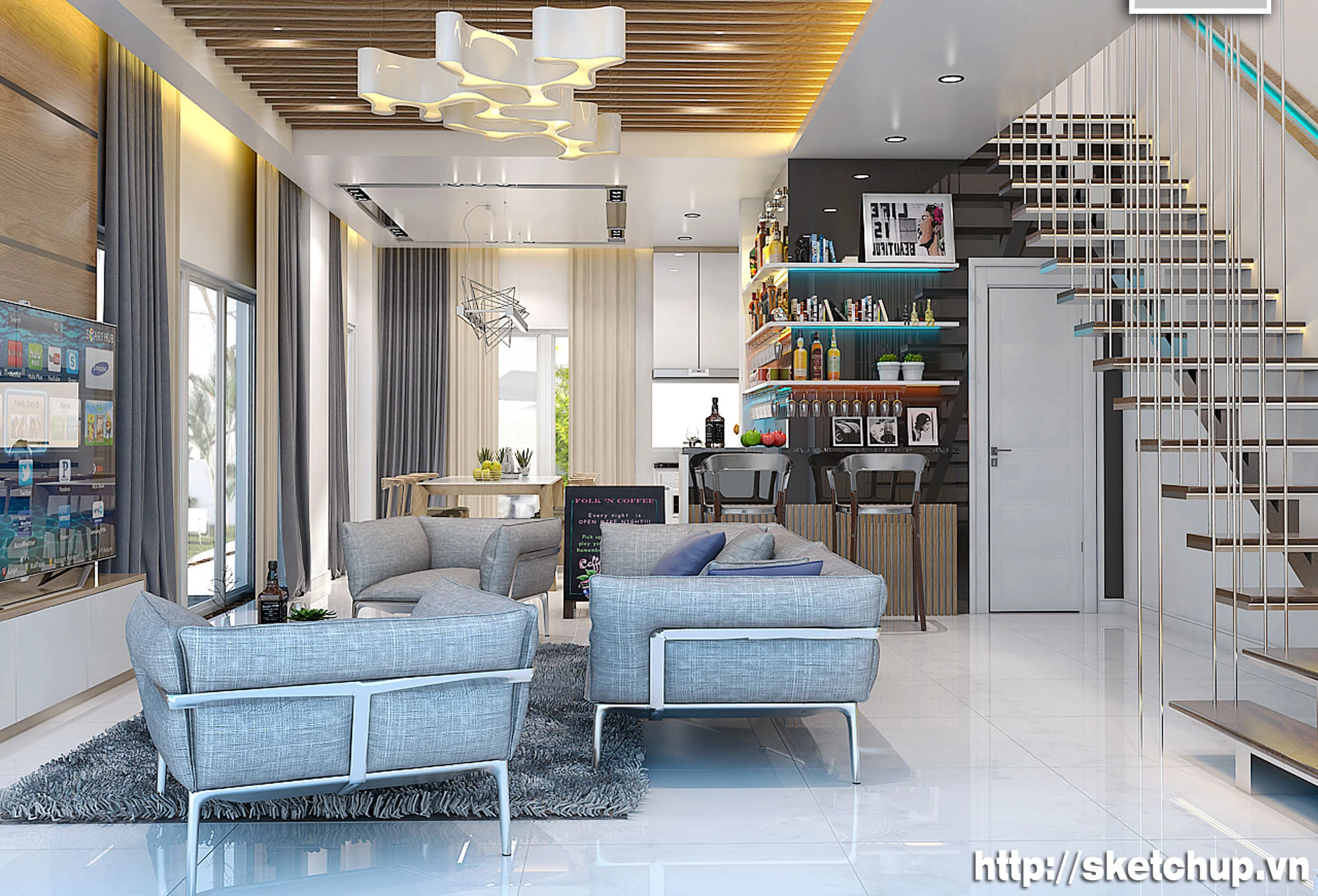 Modern Vray Living Room And Dining Room Sketchup Free Model Download ID 218000062 (Dong Nguyen Van)