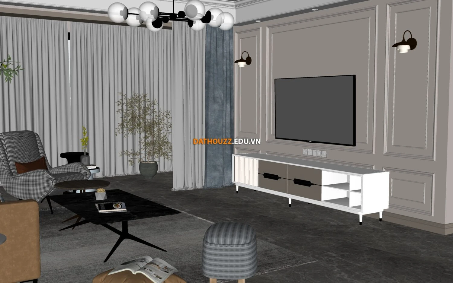 SketchUp 3D Model Free Download Enscape Modern Living Room ID 100000410 (Dat Houzz)