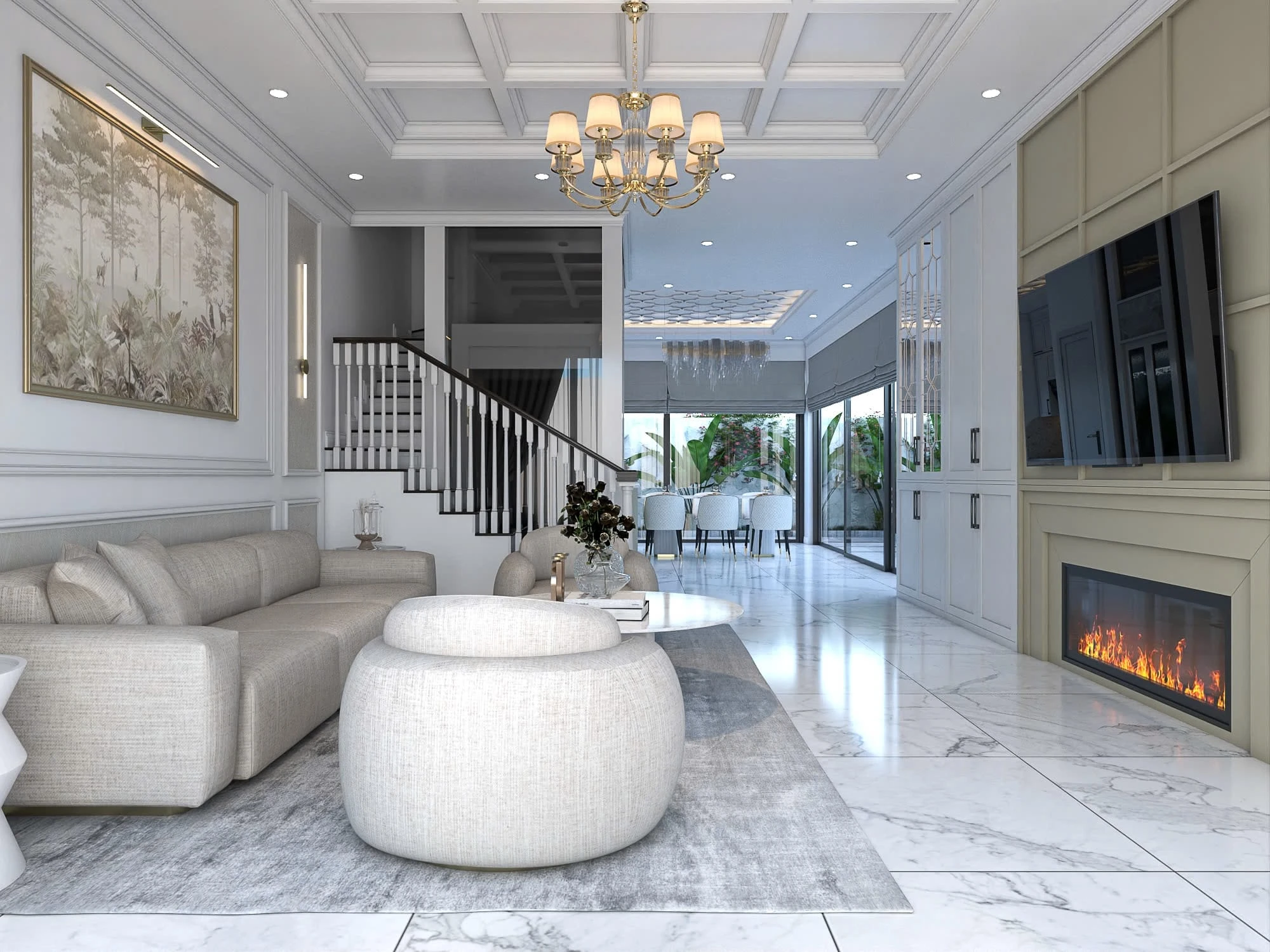 SketchUp Model Download Neo Classic Living Room - Dining Room Vray Free ID 218000219 (Tran Tien)