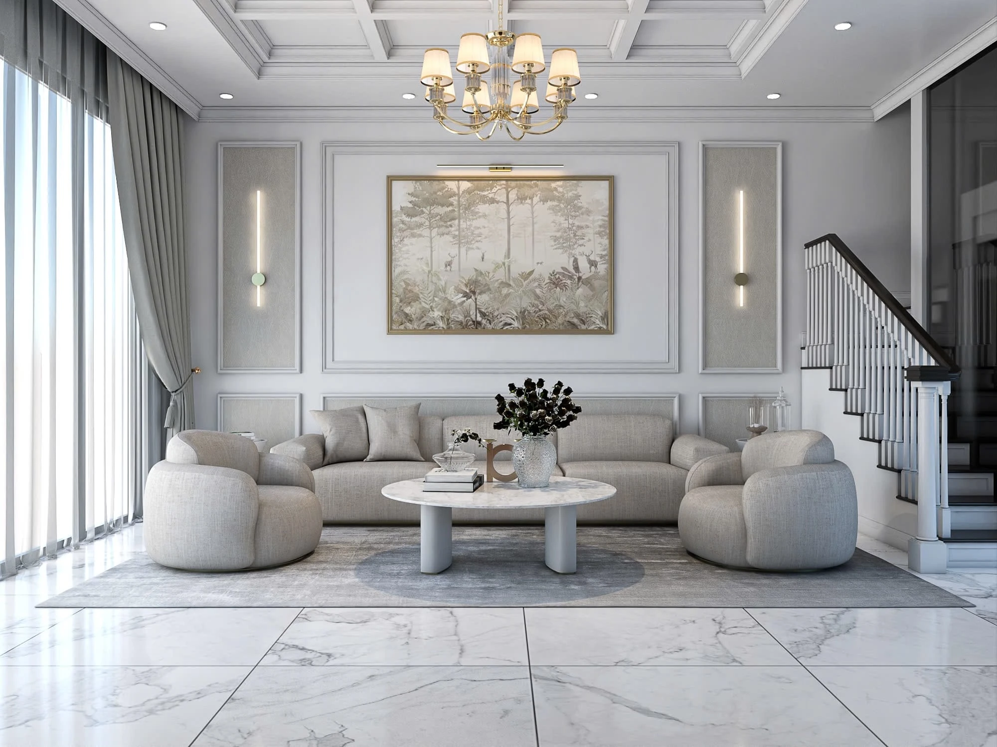 SketchUp Model Download Neo Classic Living Room - Dining Room Vray Free ID 218000219 (Tran Tien)